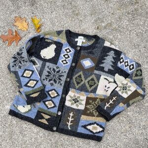 Nordic Design Wool Blend Cardigan Sweater Forest Patchwork Folkcore size S
